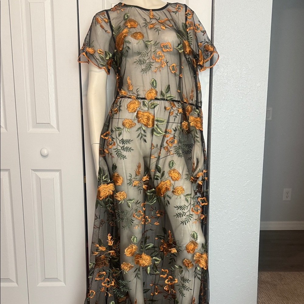 LuLaRoe Black Sheer Maxi Dress with Orange Floral Design